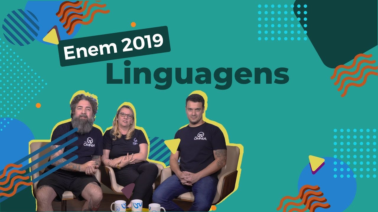 "Enem 2019 Linguagens" escrito sobre fundo verde, abaixo a imagens de três professores