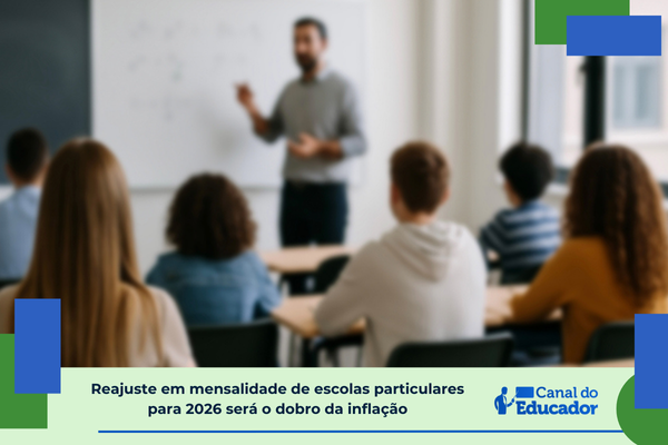 Reajuste matriculas 2026 Foto de professor em sala de aula. Texto: título da notícia