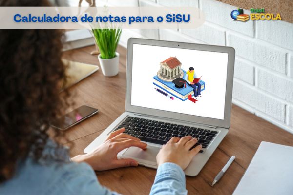 Estudante utilizando computador, texto Calculadora de notas para o SiSU