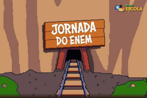 Imagem mostra ilustração da entrada de uma mina, um trilho e uma placa mostra o texto Jornada do Enem