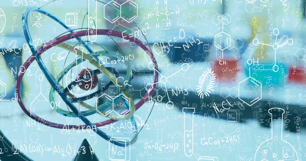 Imagem que representa Química com cálculos e estrutura em 3D de molécula