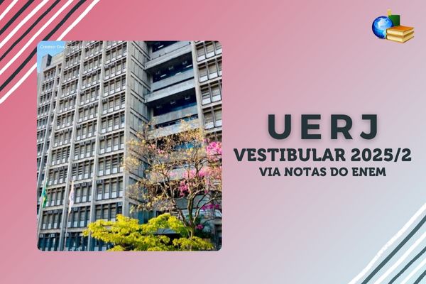 Fundo roxo e cinza escuro, listras branco e cinza, foto de sala da UFRJ, texto CEDERJ Vestibular 2025/2