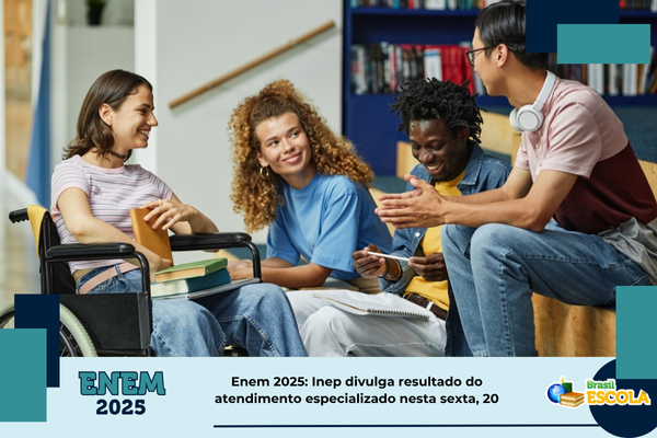 Atendimento especializado Enem 2025 Foto: pessoas sentadas conversando. Texto: título da notícia.