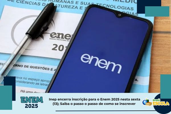 Inscrição para o Enem 2025 Caderno de provas do Enem e celular mostra logo do Enem