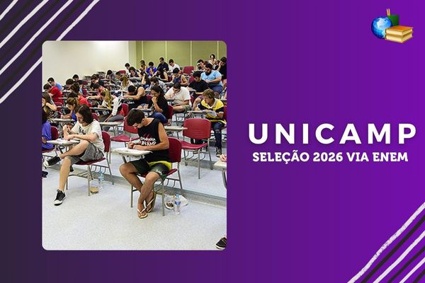 Enem-Unicamp 2026 Fundo roxo, foto de estudantes fazendo provas da Unicamp, texto Unicamp Seleção 2026 via Enem