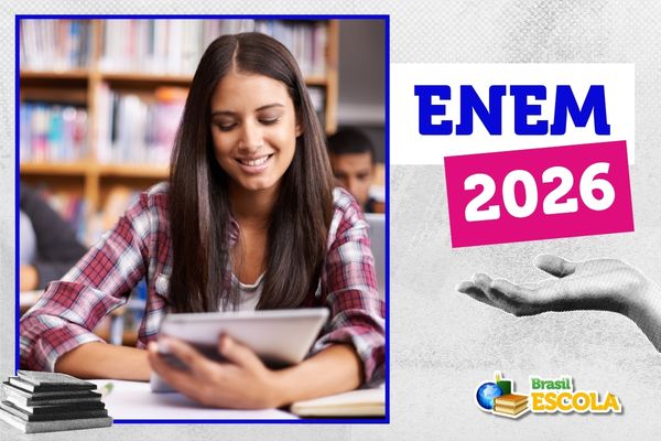 Foto com caderno de provas do Enem, texto Enem 2026