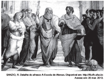 Afresco “A Escola de Atenas”, com o filósofo Platão apontando para o alto.