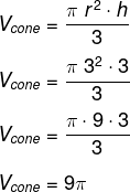 Cálculo de volume de cone com raio de 3 m e altura de 3 m.