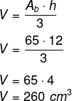 Cálculo de volume de pirâmide com área da base igual a 65 e altura igual a 12