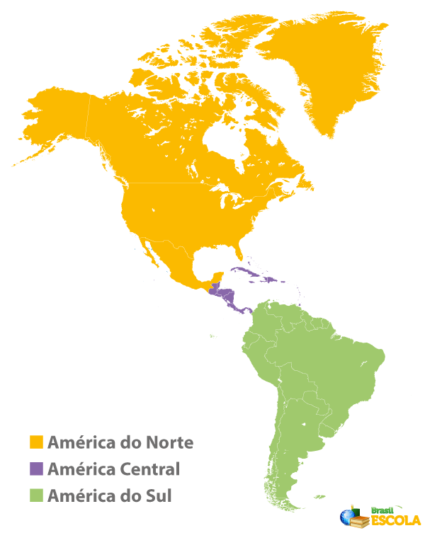  Mapa com a divisão geográfica do continente americano: América do Norte, América Central e América do Sul.