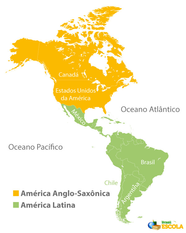 Mapa com a divisão histórico-cultural do continente americano: América Anglo-Saxônica e América Latina.