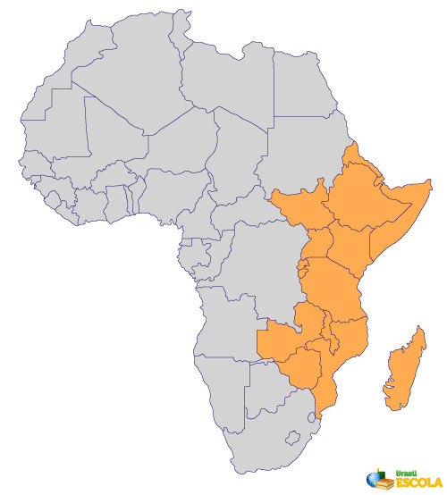 Mapa do continente africano com região em destaque.