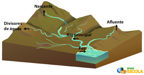 Representação gráfica da estrutura de uma bacia hidrográfica, um dos aspectos da hidrografia.