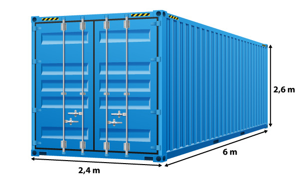 Ilustração de um container azul com o valor de sua altura, de sua largura e do seu comprimento.