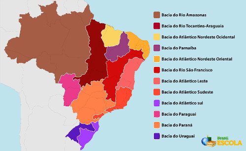 Mapa representando as bacias hidrográficas que compõem a hidrografia do Brasil.