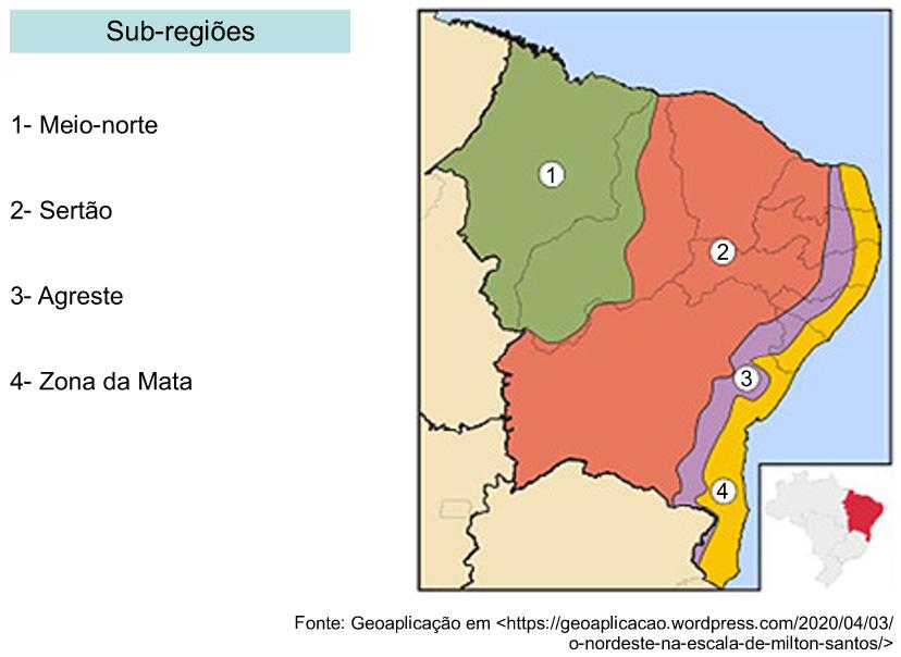 Mapa indicando as sub-regiões do Nordeste (Meio-Norte, Sertão, Agreste e Zona da Mata) em uma questão da Unioeste.