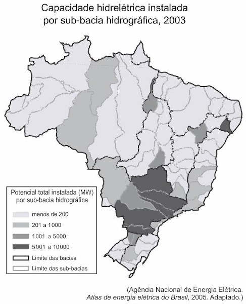 Mapa com a capacidade hidrelétrica de cada bacia hidrográfica brasileira