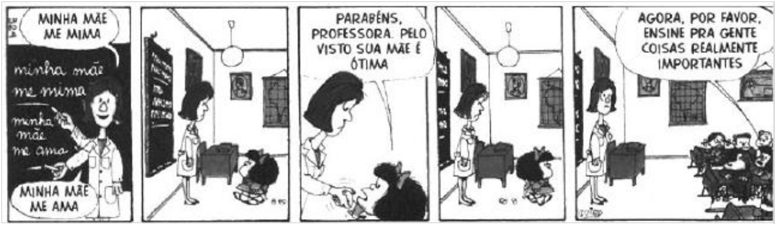 Tirinha da Mafalda “Minha mãe me mima” em questão de interpretação de texto da Acafe.