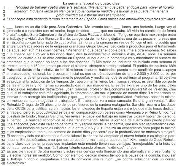 Texto “La semana laboral de cuatro días” em uma questão da UCS sobre artigos em espanhol.