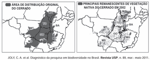 Mapa compara área de distribuição do cerrado em duas épocas distintas