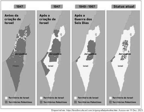 Mapa mostrando a região de Israel e da Palestina desde 1947 em exercício da UFU sobre Questão Palestina.