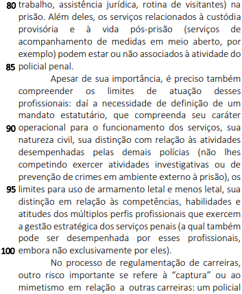 Parte quatro do texto “Regulamentação da Polícia Penal” em exercício da Coseac sobre conjunção subordinativa.
