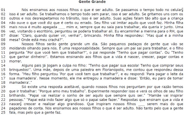 Texto “Gente Grande” em exercício da Fundatec sobre conjunção subordinativa.