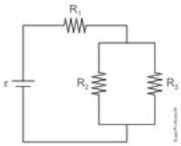 Circuito elétrico armado com uma fonte e três resistores em exercício da PUC sobre circuitos elétricos simples.