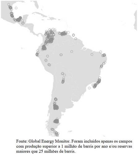 Mapa mostrando a produção de petróleo na América Latina em exercício da Unitau sobre petróleo.