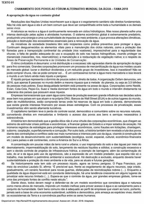 Texto “Chamamento dos povos ao fórum alternativo mundial da água – Fama 2018” em exercício sobre funções do “que”.