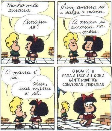 Tirinha Mafalda, de Quino. O ensino engessado da língua portuguesa tende a desestimular os alunos, acomodando-os ao papel de espectadores da aula