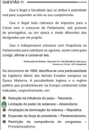 Questão do Enem de 2012 que abordou o documento “Declaração dos Direitos (Bill Of Rights)”