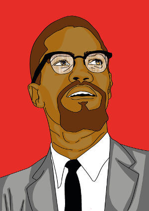 Ilustração de Malcolm X, um dos líderes do movimento negro nos Estados Unidos, na década de 1960.