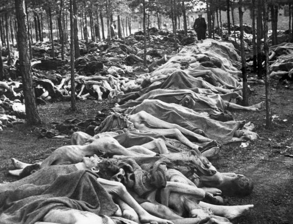 Imagem forte Cadáveres de judeus encontrados no campo de concentração de Bergen-Belsen em 1945.*