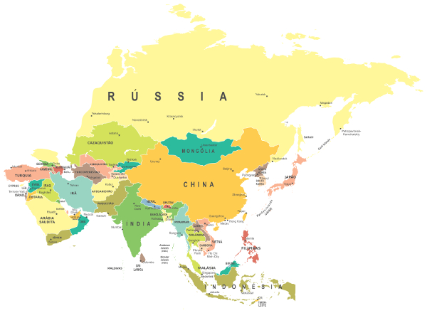 Mapa dos territórios e países da Ásia.