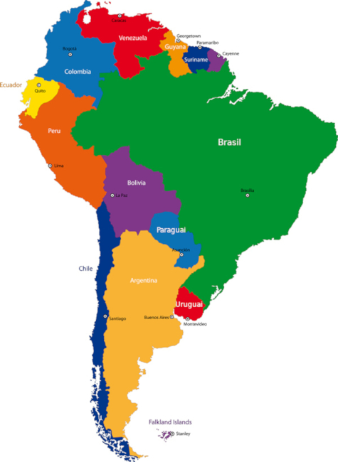 América do Sul é formada por 12 países e está na parte meridional do continente americano.