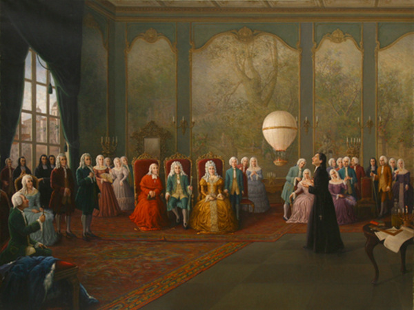 Bartolomeu de Gusmão apresentando o balão de ar quente, invenção brasileira, para a família real em pintura.