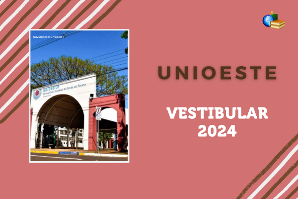 campus da Unioeste sob fun fundo rosa escuro ao lado do texto - Unioeste Vestibular 2024