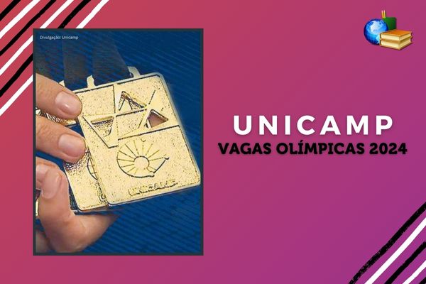Fundo roxo e rosa, foto de uma medalha com a logomarca da Unicamp, texto Unicamp Vagas Olímpicas 2024