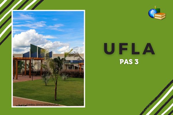 Campus da UFLA sob fundo verde claro ao lado do texto UFLA PAS 2023 1ª e 2ª etapas