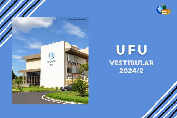 Campus da UFU sob fundo cinza esverdeado ao lado do texto "UFU / Vestibular 2023/2"