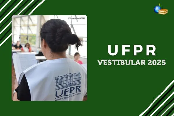 Fundo cinza, foto do campus da UTFPR, listras preto e verde escuro, texto UTFPR Vestibular 2024/2