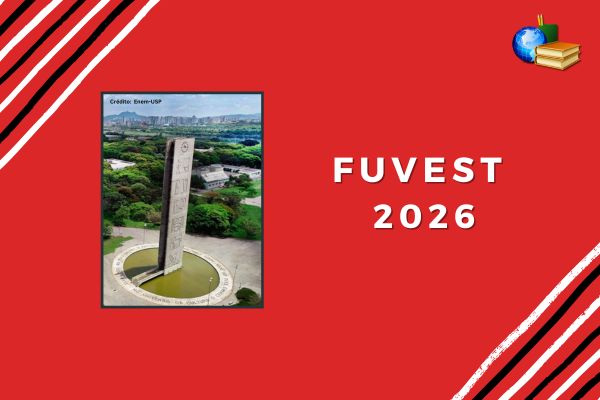 Campus da USP com fundo vermelho. Texto na imagem: Fuvest 2026