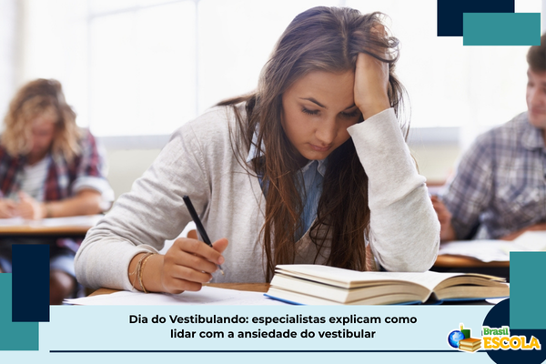 Dia do Vestibulando Fotos: Estudante desanimada em sala de aula com livros. Texto: título da matéria