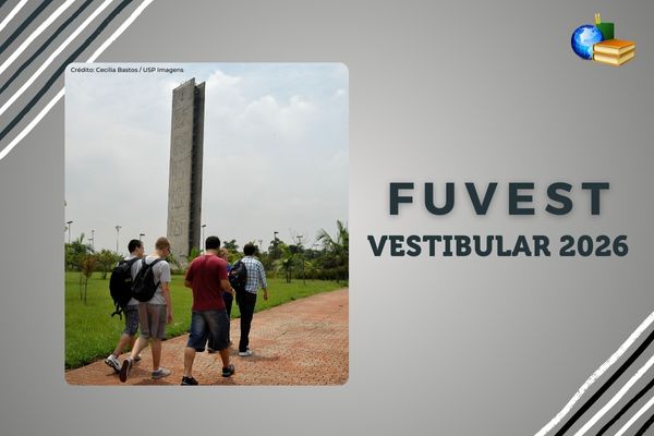 Foto da fachada da Fuvest. Testo: Fuvest abre inscrições para simulado on-line