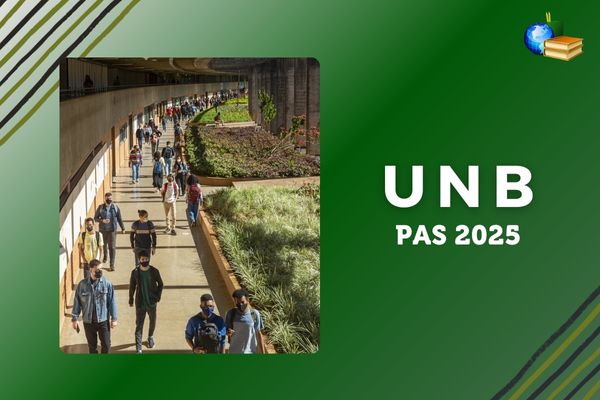 PAS 2025 da UnB Foto com estudantes no corredor, fundo verde, texto UnB PAS 2025