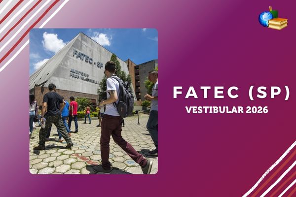 Vestibular 2026 da Fatec SP Fundo rosa e roxo, foto de estudantes em campus da Fatec, texto Fatec (SP) Vestibular 2026
