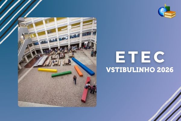 Fundo azul e roxo claros, foto do campus da Etec SP, texto Etec Vestibulinho 2026