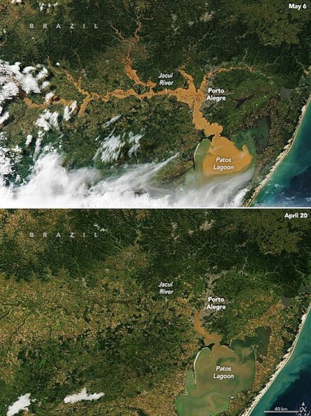 Antes e depois das enchentes no Rio Grande do Sul, situação que levou ao surgimento dos refugiados climáticos (migrantes do clima).